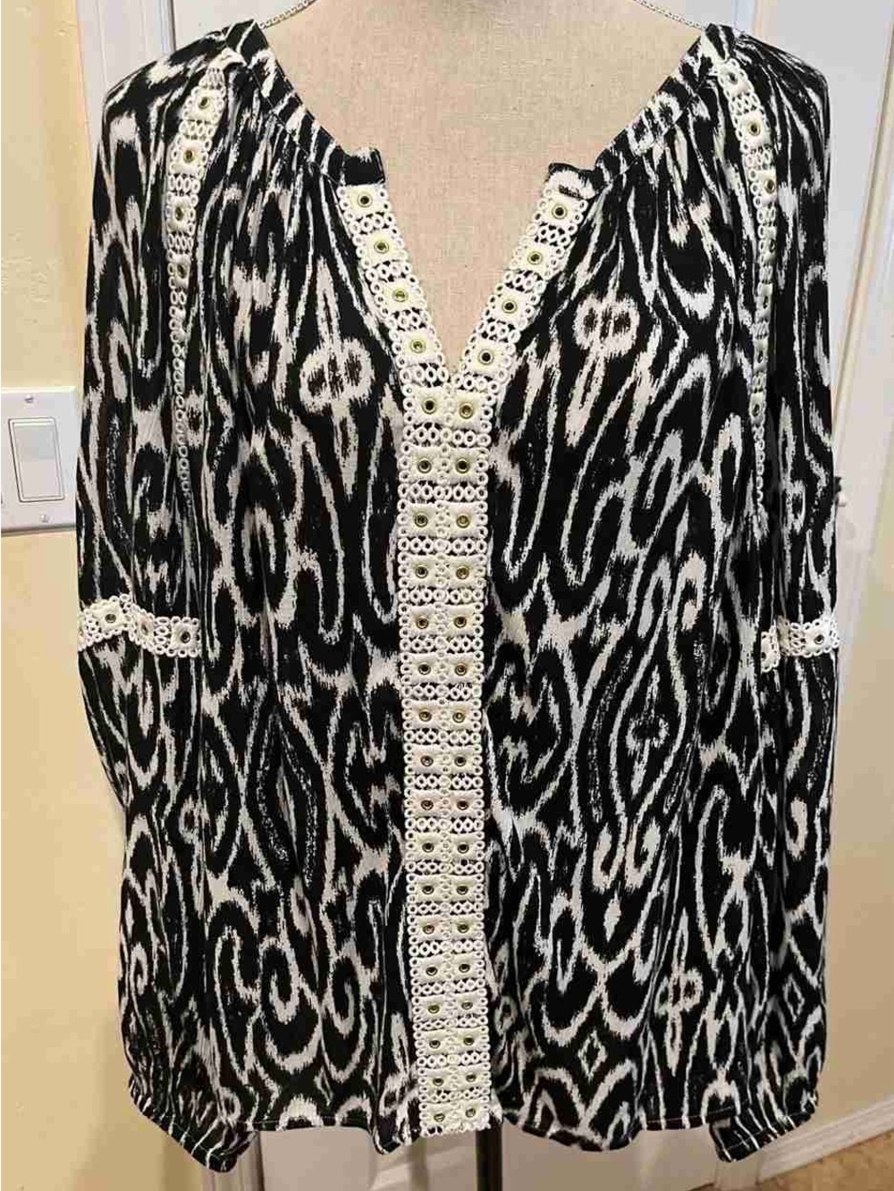 Black and White Womens Swim Cover-Up with Crochet Trim